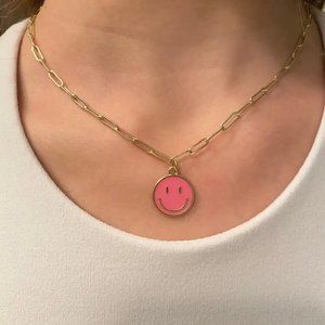 Pink Smiley Face Paperclip Necklaces, Gold Chain - Positive Happy Jewelry